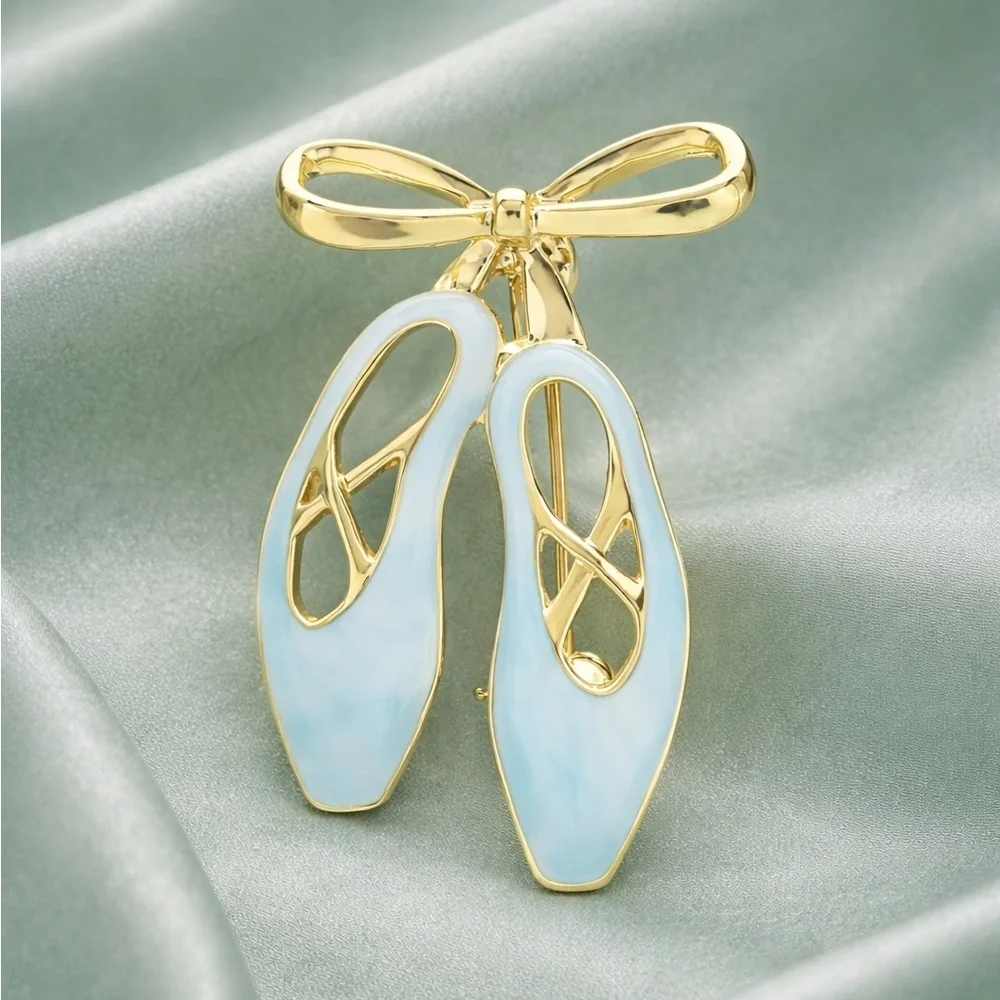 Charming Blue Ballet Slippers Gold Brooch